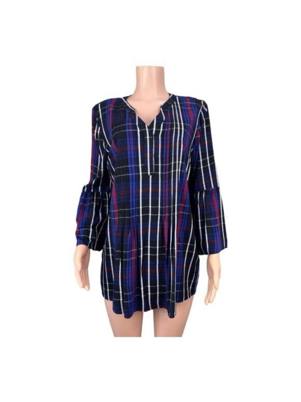 New Directions 100%Rayon Colorful Plaid Loose Fit Flowy Tunic Top Women’s SZ L